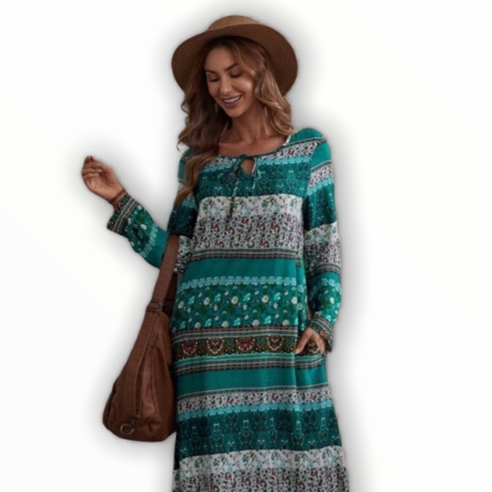 #235 Modest Tribal Floral Long Sleeve Dress - Picture 12 of 17